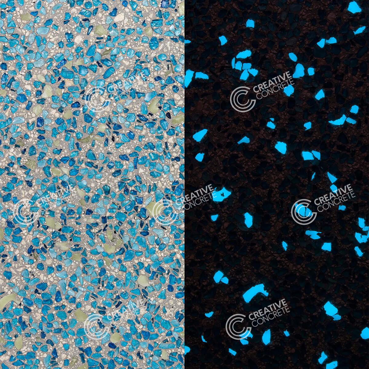 Aqua Blue Crushed Glass + Glostone Aqua- Exposed Aggregate Samples CCC